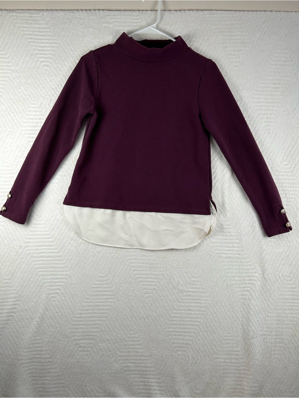 Ann Taylor Plum Mock Neck Top with Ivory Layered Hem
